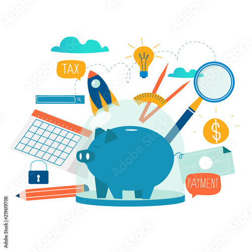 Business and finance services, money loan, budget planning flat vector illustration design. Long term investment, savings account deposit, pension fund design for mobile and web graphics