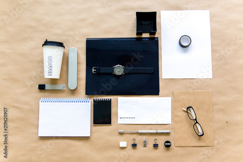 Wallpaper Mural stationery pen scissors notebook on a wooden table Torontodigital.ca