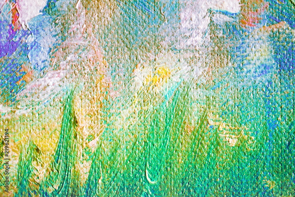 Grunge colorful green blue and yellow background with brush strokes. Oil painting on canvas. Scratched wall texture. Fragment of artwork. Grunge colorful green blue and yellow background with brush strokes. Oil painting on canvas. Scratched wall texture. Fragment of artwork.