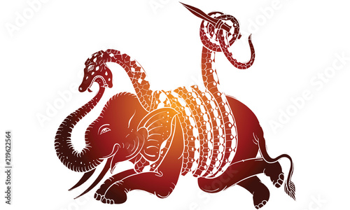  Thai tradition painting of snake and elephant fighting, vector
