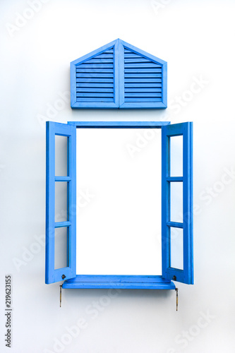 open traditional blue greek window frame isolated on white cement background with empty void, copy space