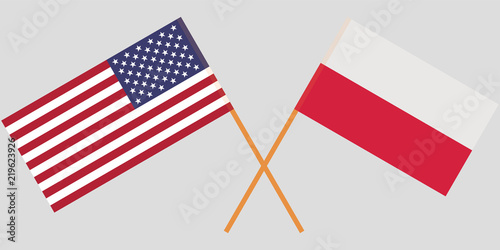 Poland and USA. Crossed Polish and United States of America flags. Official colors. Correct proportion. Vector photo