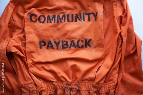 community payback. Prison clothes, jumpsuit sentenced to correctional labor, criminal penalties