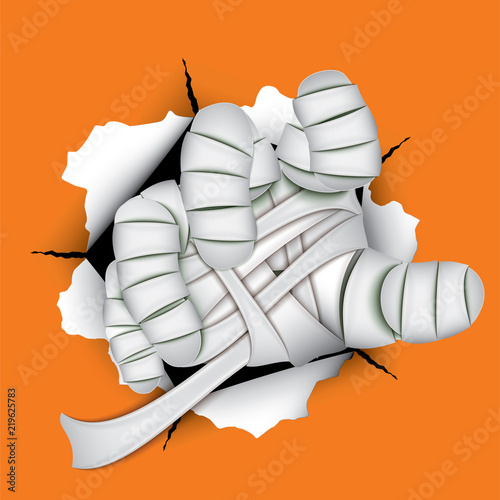 Hand of mummy monster on orange  background, vector illustration, EPS 10.