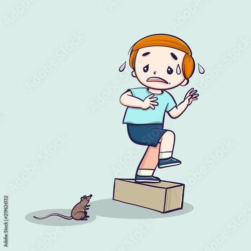 Little boy screaming scared mouse. Vector line art cartoon illustration.
