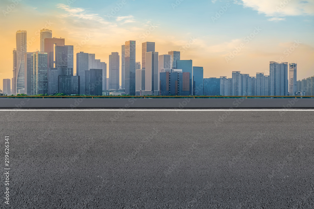 Urban road asphalt pavement and skyline of Hangzhou architectural landscape Urban road asphalt pavement and skyline of Hangzhou architectural landscape