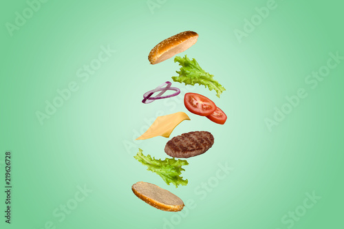 Delicious burger with flying ingredients isolated on green gradient pastel background.