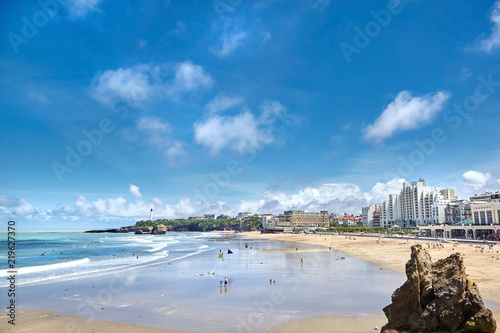 Beautiful view of the La Grande Plage. Sandy beach and ocean. Bay of Biscay, Atlantic coast, Basque country, Biarritz, France.