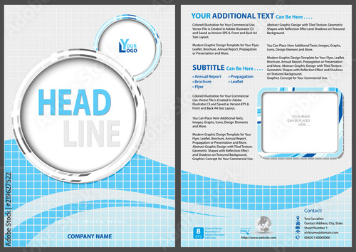 Flyer Template with Blue Waved Strip and Metallic Circles on Tilled Background - Abstract Illustration, Vector