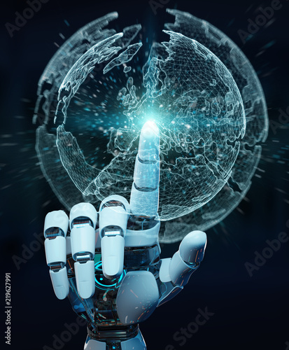 White robot hand using digital screen interface 3D rendering