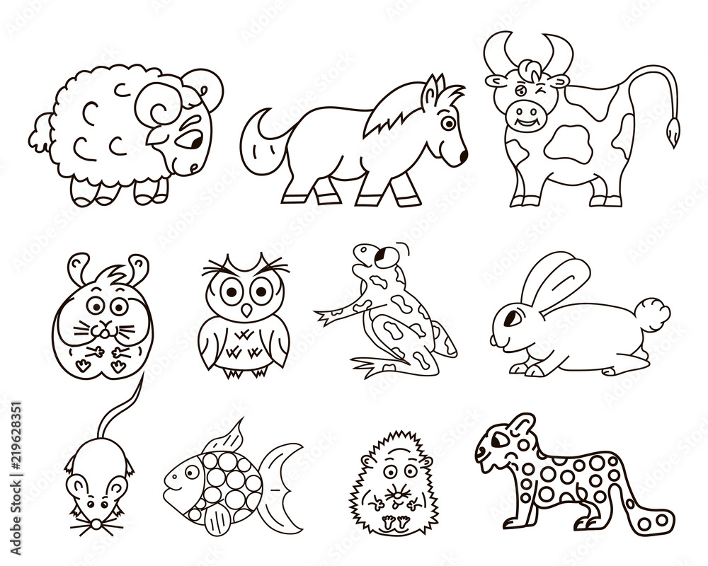 Obraz premium Vector ram, pony, owl, frog, mouse, rabbit, hedgehog. Isolated.
