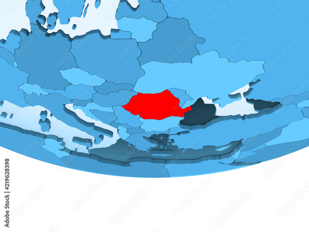 Fototapeta premium Romania in red on blue map