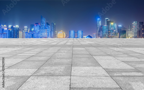 Square floor tiles and Hangzhou skyline