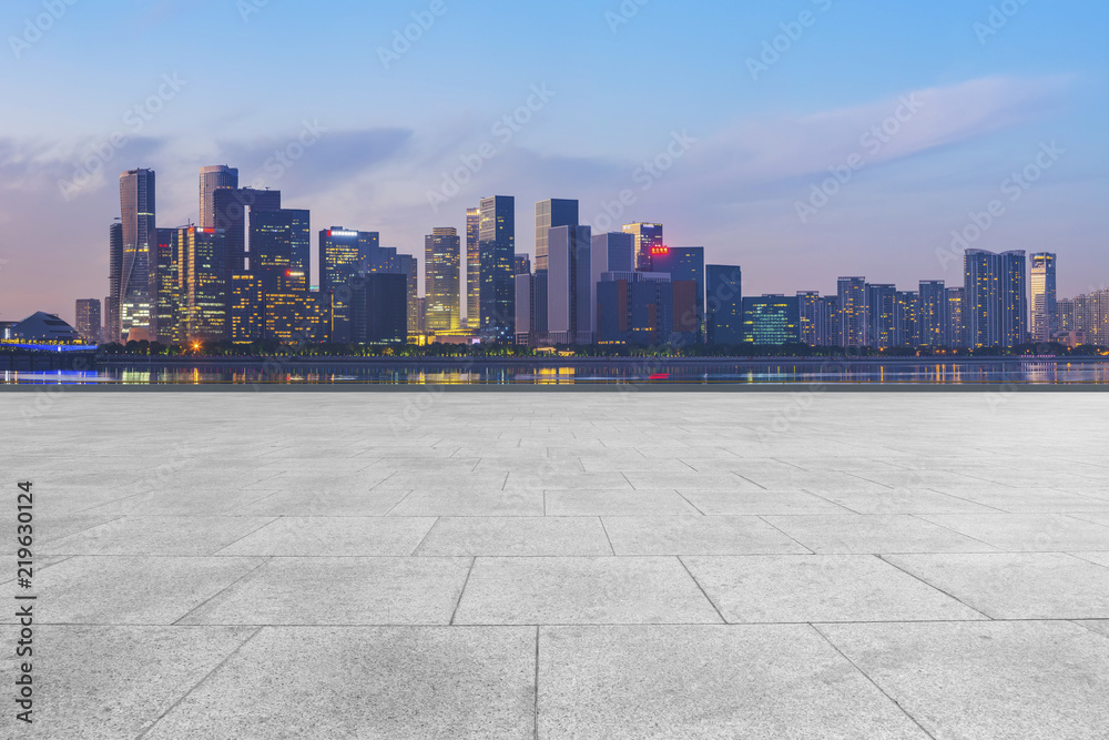 Square floor tiles and Hangzhou skyline