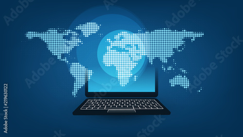 Futuristic Global Technology, Networking and Cloud Computing Design Concept with Dotted World Map and Notebook PC - Digital Network Connections, Technology Background