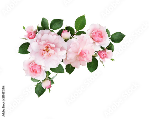 Pink rose flowers and green leaves in a floral corner arrangement