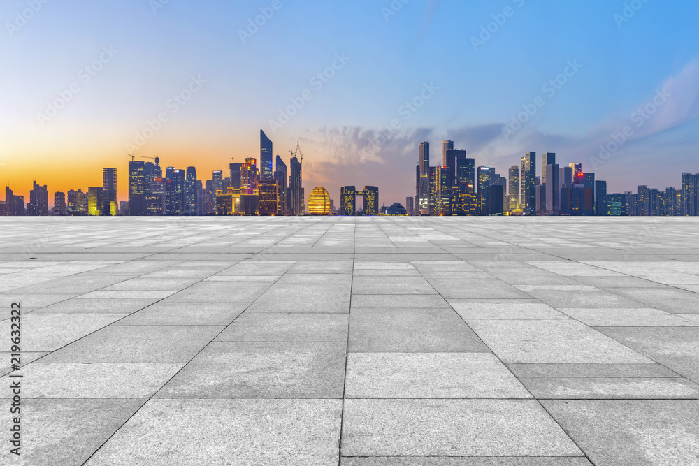 Square floor tiles and Hangzhou skyline