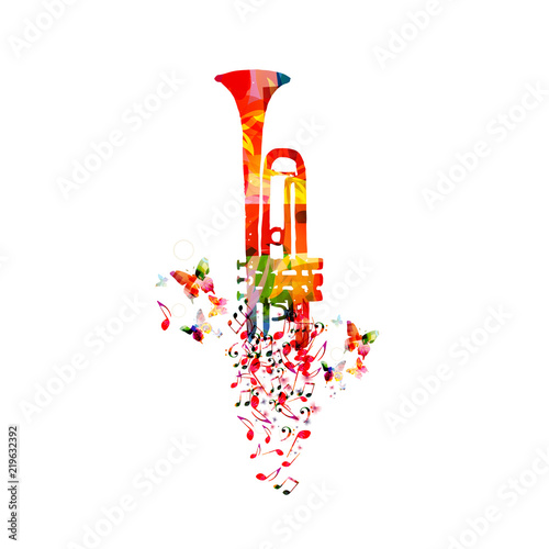  Music colorful background with music notes and trumpet vector illustration design. Artistic music festival poster, live concert, creative trumpet design