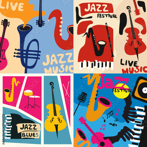  Set of music cards and banners. Music cards with instruments flat vector illustration. Jazz music festival banners. Colorful jazz concert posters