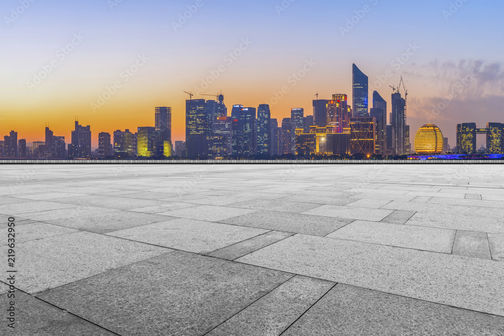 Square floor tiles and Hangzhou skyline Square floor tiles and Hangzhou skyline