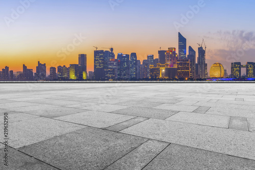 Square floor tiles and Hangzhou skyline