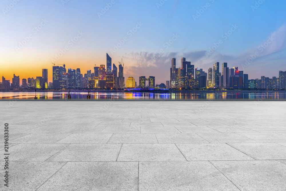 Square floor tiles and Hangzhou skyline Square floor tiles and Hangzhou skyline