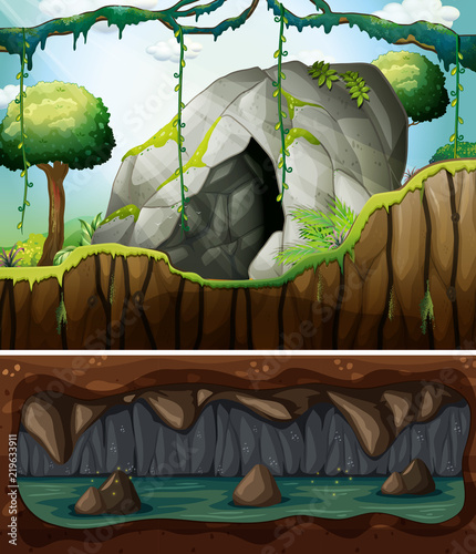 A cave entrance and underground scene