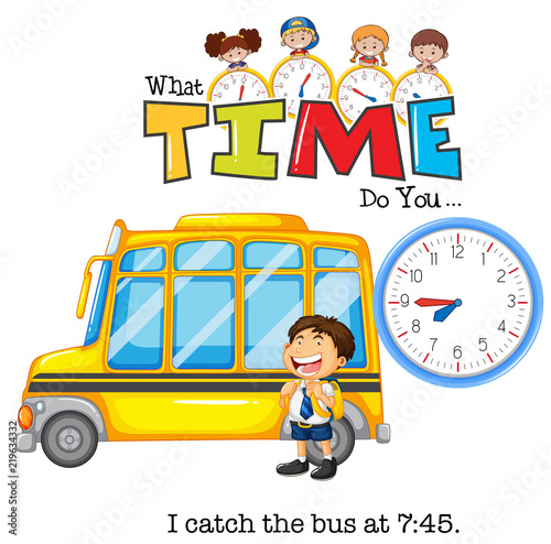 A boy catch a bus at 7:45