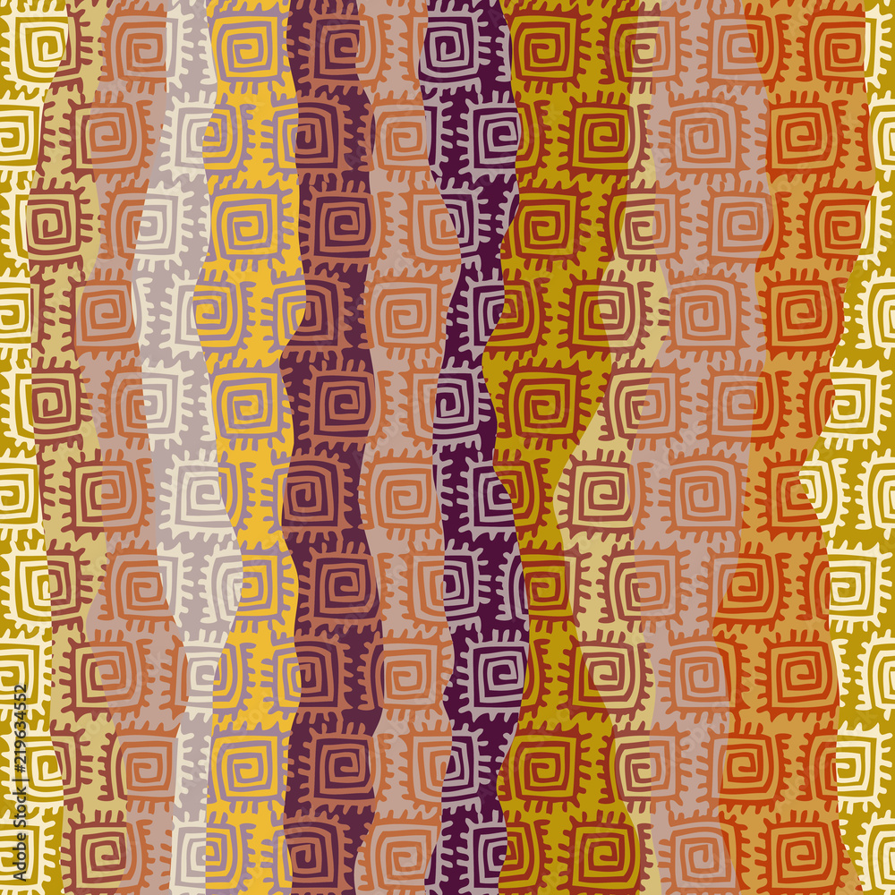 Abstract random grunge pattern of curved multicolor spots and intersections. Brown tribal background. Vector image. Seamless pattern.