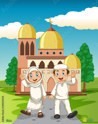 A muslim couple in front of the mosque