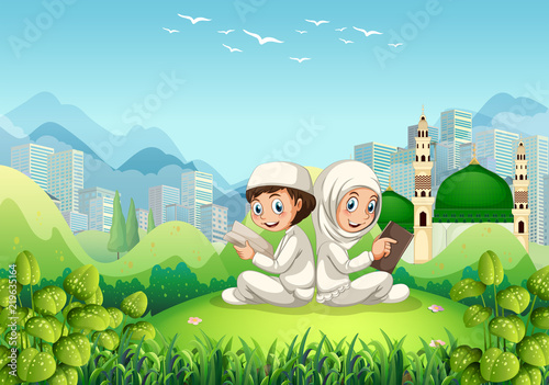 A muslim couple readind book in nature