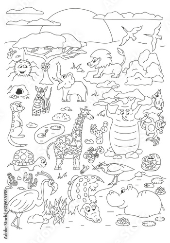 Fototapeta Naklejka Na Ścianę i Meble -  Coloring hand drawn page with cute savanna animals vector