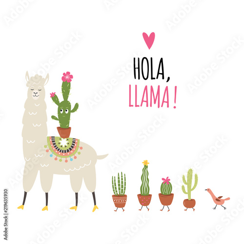 Llama Illustration, cute llama with cactuses