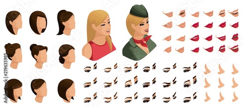 Isometrics create your emotions and hairstyles for a blonde girl in military uniform. Sets of 3D hairstyles, faces, eyes, lips, nose, facial expression