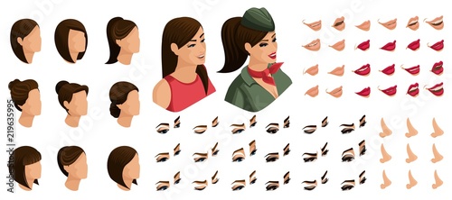 Isometrics create your emotions for a teenage girl with glasses and a hat. Sets of 3D hairstyles, faces, eyes, lips, nose, facial expression
