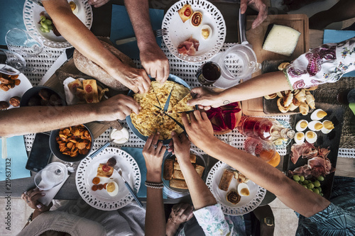 Food Catering Cuisine Culinary Gourmet Party Cheers Concept friendship and dinner together. mobile phones on the table, pattern and background colorful image with people eating and taking food  photo