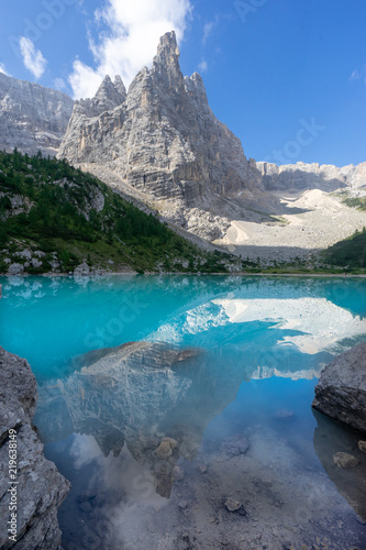 Fototapeta Naklejka Na Ścianę i Meble -  Amazing view of Sorapis lake with unusual color of water. Lake located in Dolomite Alps, Italy