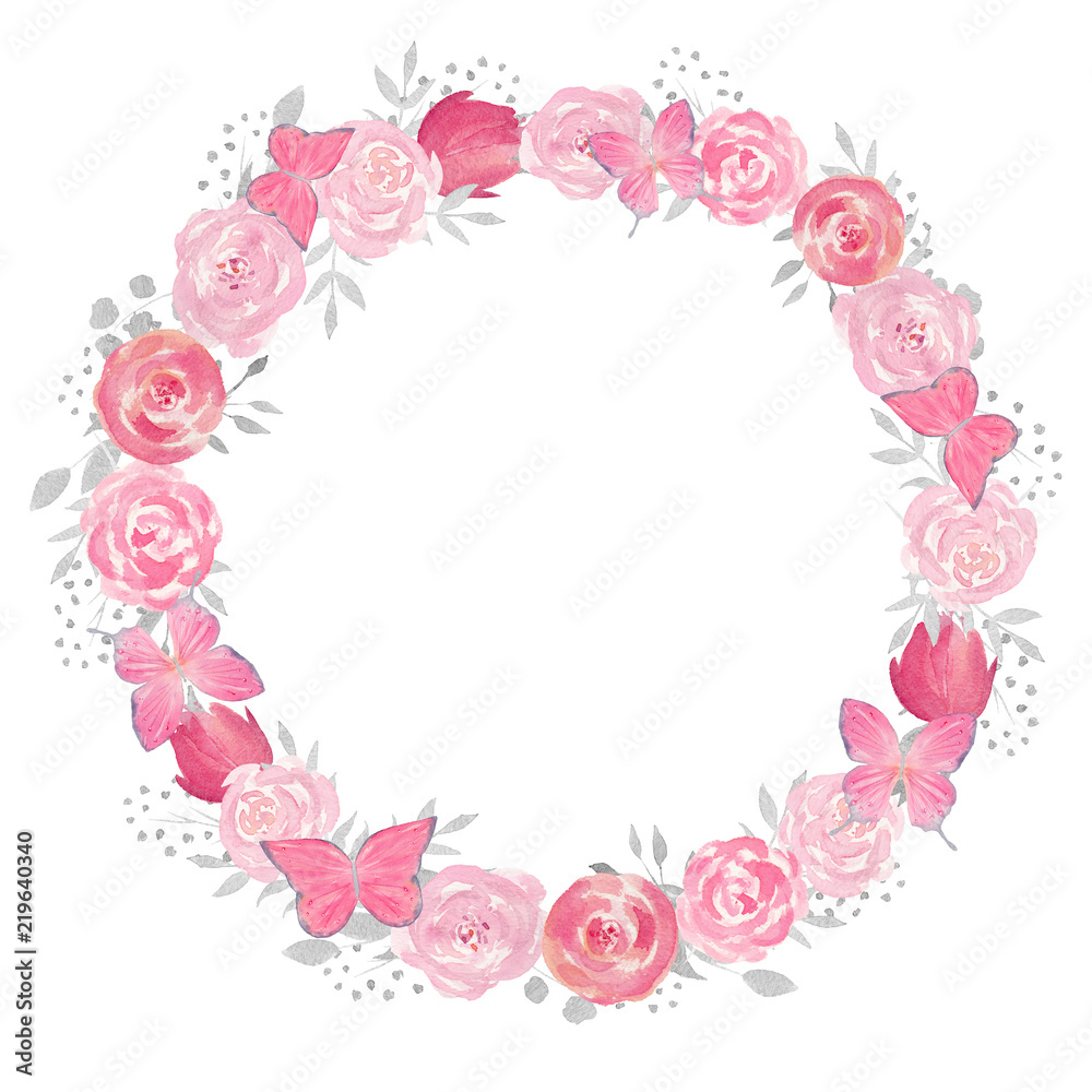 Watercolor floral wreath with rose, leaves, flowers and branches