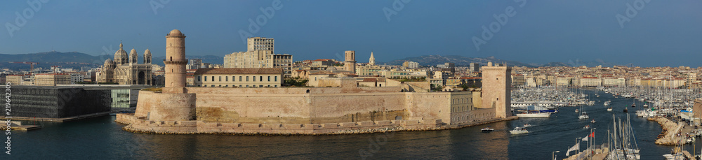 Aerial panoramic view on old port in Marseille, France