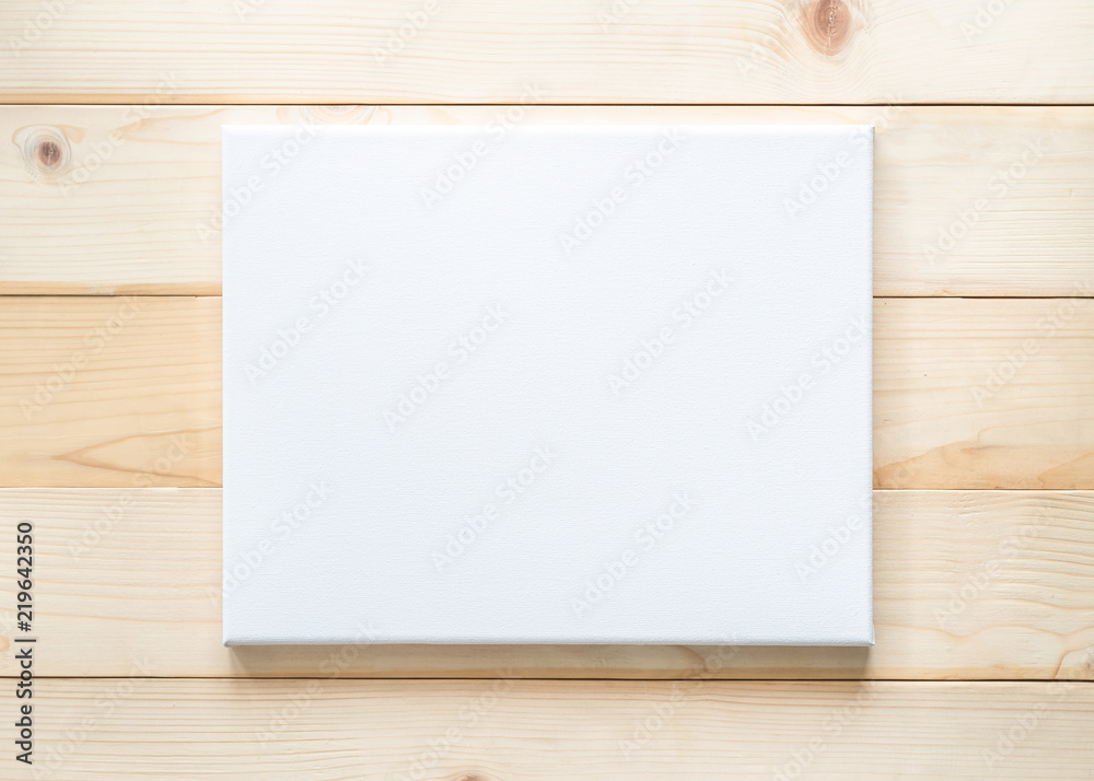 Blank canvas frame mockup rectangular size on white wood wall for arts painting and photo hanging interior decoration - obrazy, fototapety, plakaty 