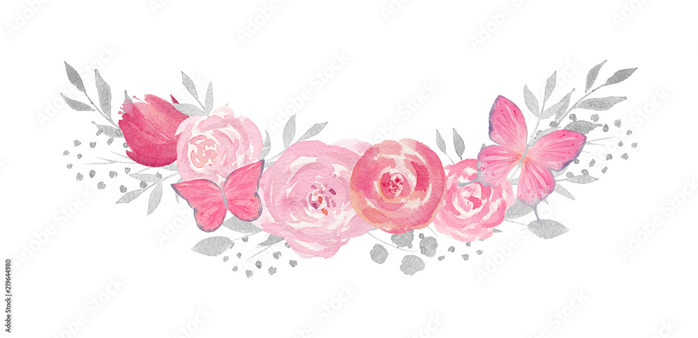 Watercolor floral composition with rose, leaves, flowers, butterfies and branches.