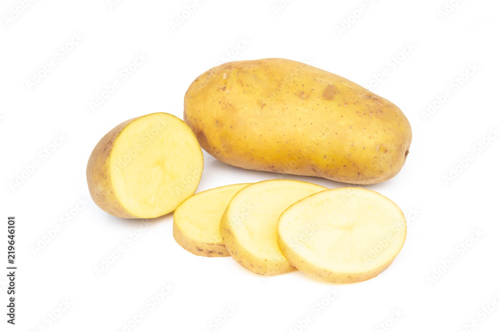 Fresh potato slice isolated on white background.