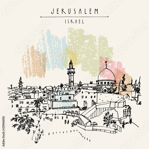 Jerusalem, Israel. City skyline. Wailing wall. Hand drawn touristic postcard