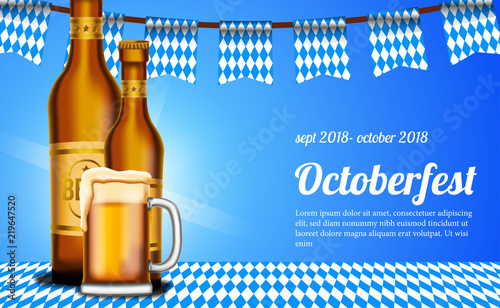octoberfest poster template with beer and bottle on the table with blue background. vector illustration
