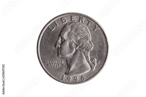 USA quarter dollar nickel coin (25 cents) with a portrait image of George Washington cut out and isolated on a white background