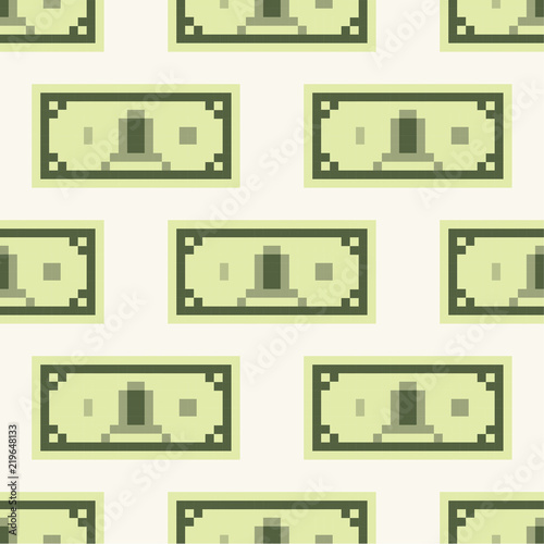 Dollar banknote cash pattern, seamless, tile, background pixel art cartoon retro game style