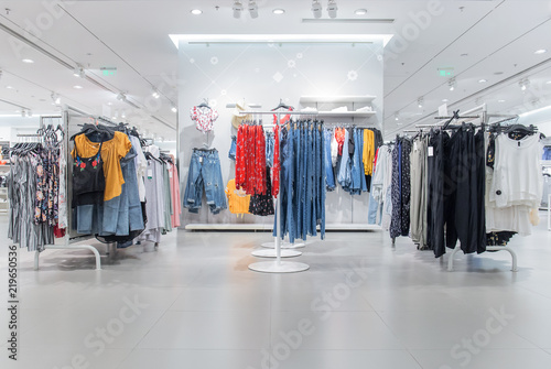 Various shop clothing in ladies' clothing store in summer