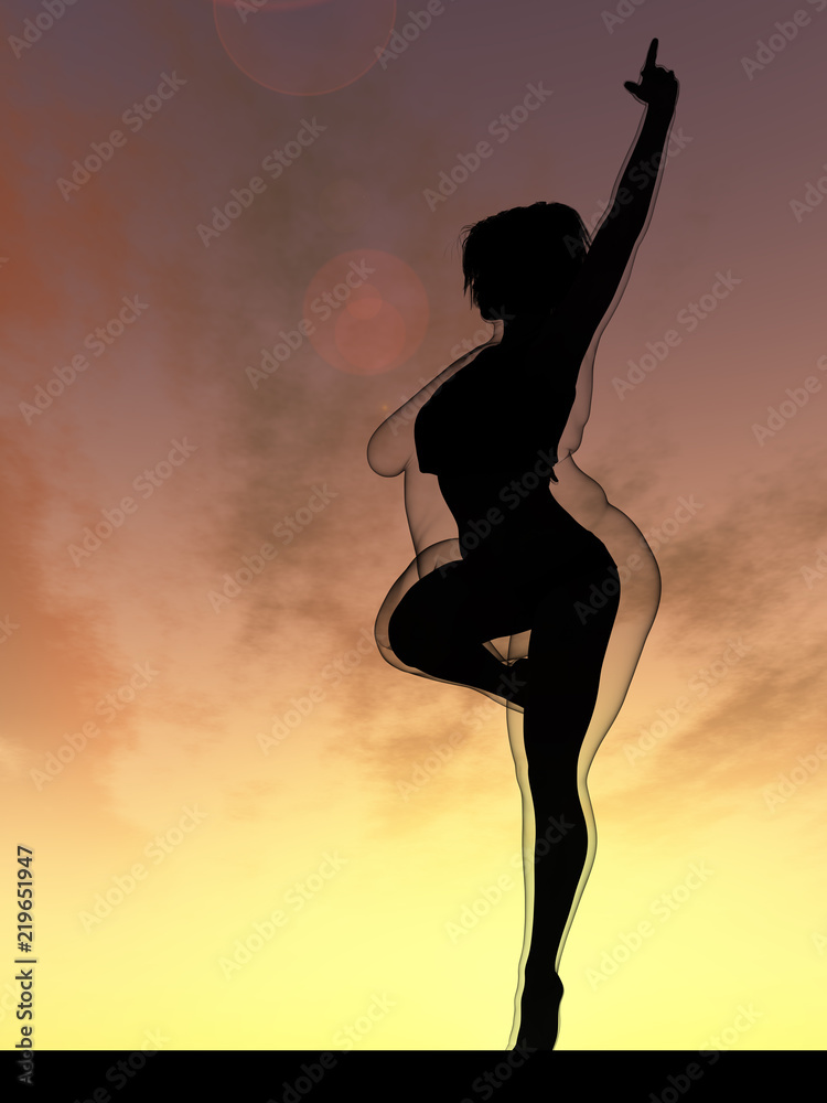 Conceptual fat overweight obese female vs slim fit healthy body after weight loss or diet with muscles thin young woman over sunset. Fitness, nutrition or fatness obesity, health shape 3D illustration
