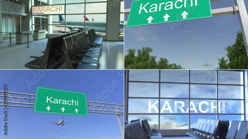 Trip to Karachi. Airplane arrives to Pakistan conceptual montage animation photo