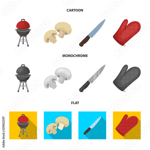 Barbeque grill, champignons, knife, barbecue mitten.BBQ set collection icons in cartoon,flat,monochrome style vector symbol stock illustration,web